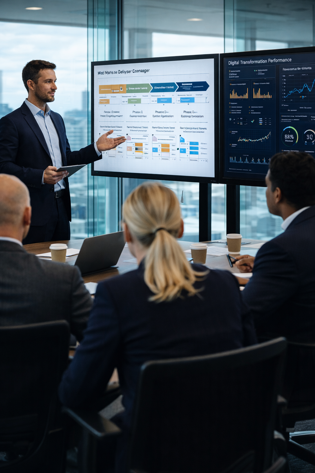 Mid-market B2B executives reviewing measurable digital transformation results with project leader